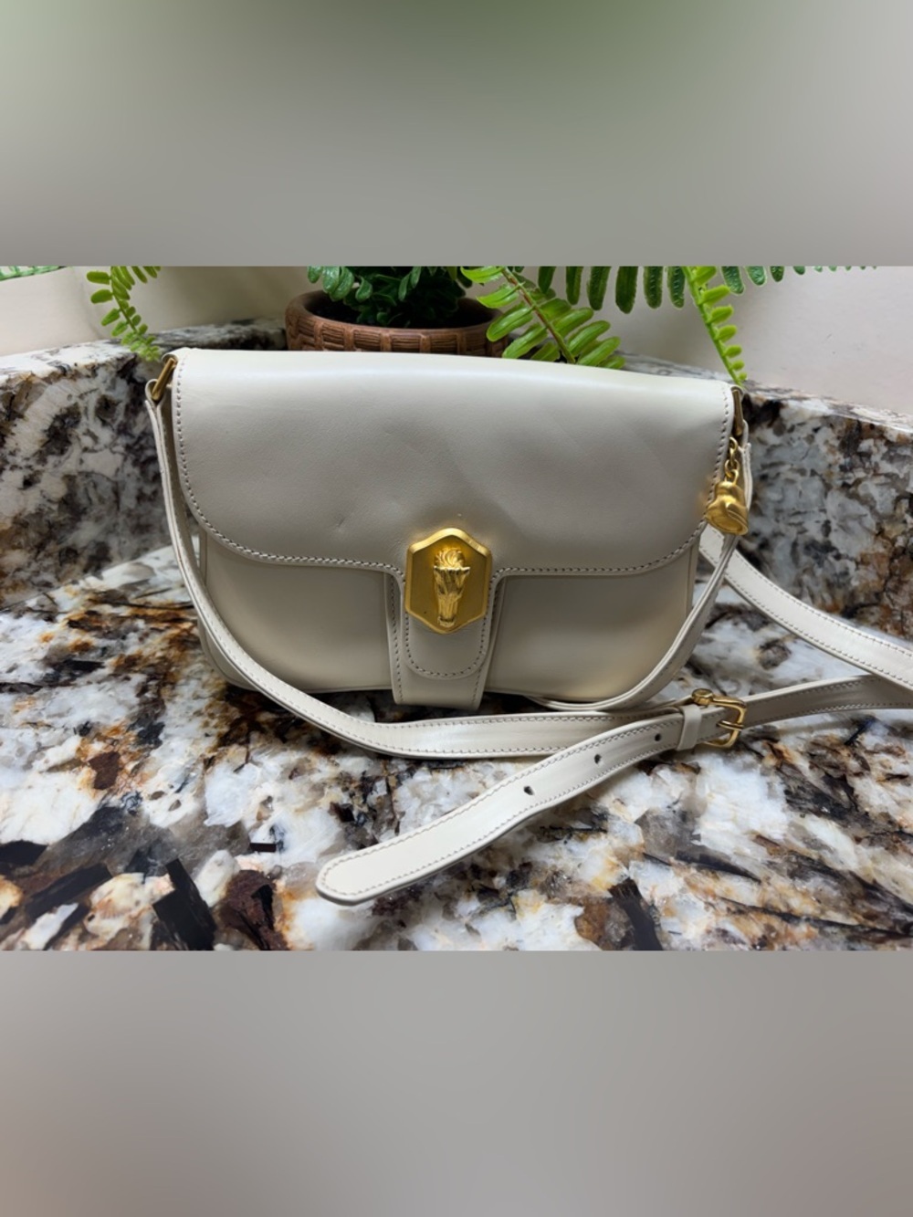 Women's Cream Leather Crossbody Bag with Gold 🐴 horse head and hoof accent